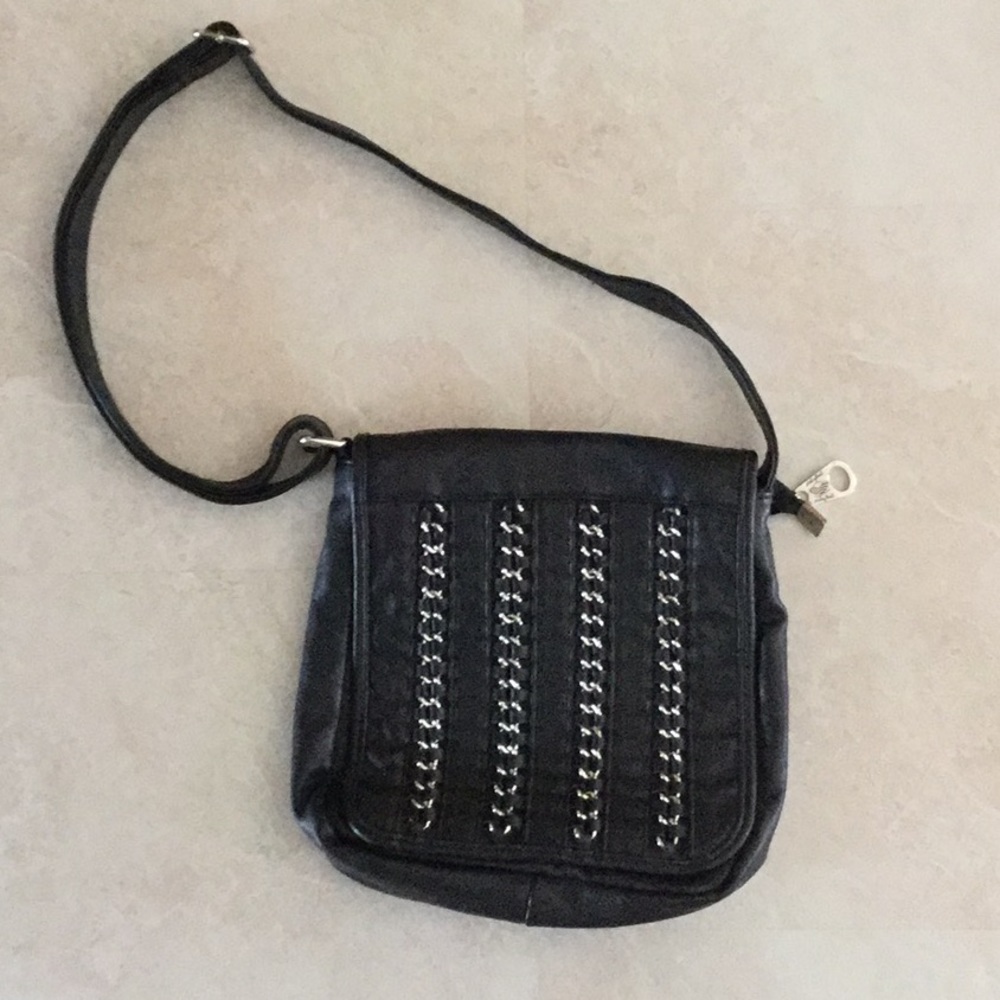 Black leather adjustable strap purse